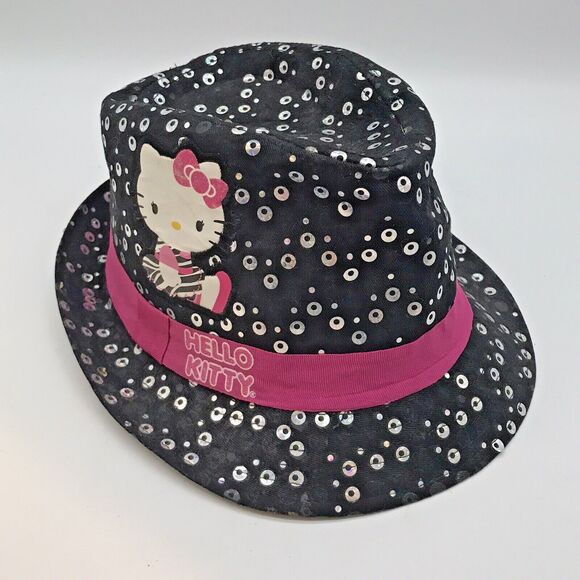 Hello Kitty Fedora Hat Sanrio Girls OSFM Black & Pink Sequins Bucket Headwear - Picture 1 of 8